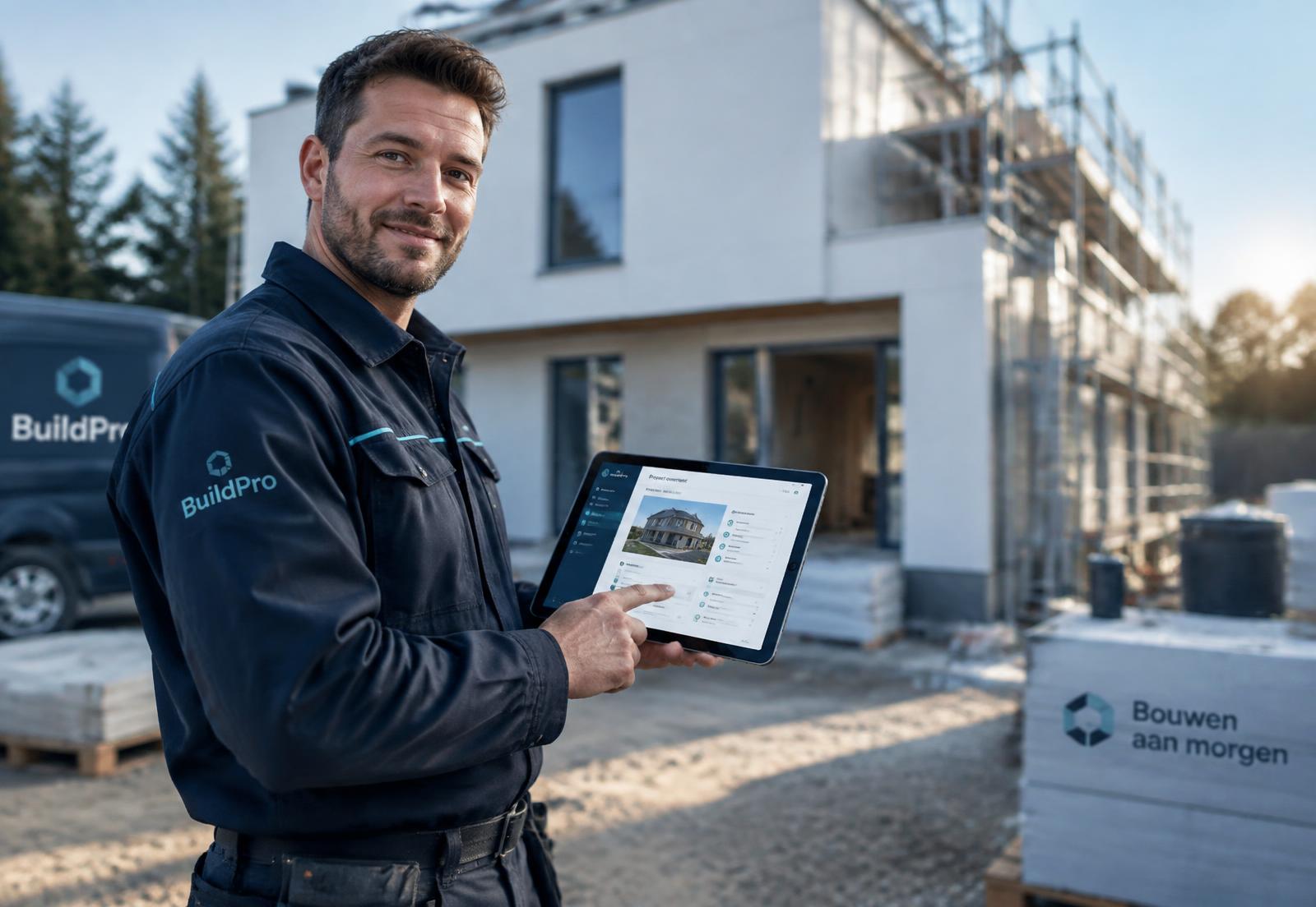 Vakman bekijkt zijn planning op een tablet op de werf